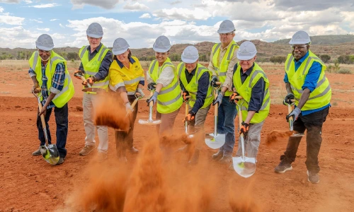 Chief Minister Lia Finocchiaro, Mining and Energy Minister Gerard Maley, Treasurer Bill Yan and Aboriginal Affairs Minister and Barkly MLA Steve Edgington join Minister for Northern Australia Madeleine King and Arafura Rare Earth's Managing Director and CEO Darryl Cuzzubbo to turn the first sod at the Nolans Project mine site.